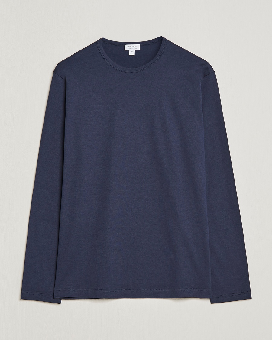 Sunspel Long Sleeve Crew Neck Cotton Tee Navy – Blu