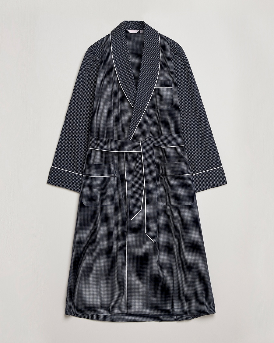 Derek Rose Polka Dot Cotton Satin Dressing Gown Navy – Blu