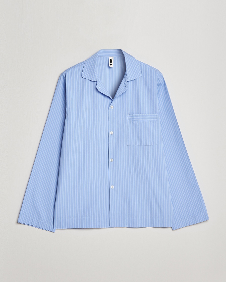 Tekla Poplin Pyjama Shirt Pin Stripes – Blu
