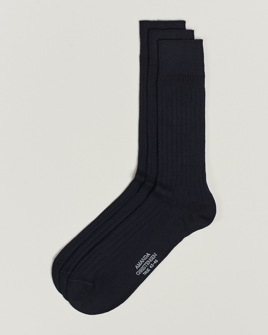 Amanda Christensen 3-Pack True Cotton Ribbed Socks Dark Navy – Blu