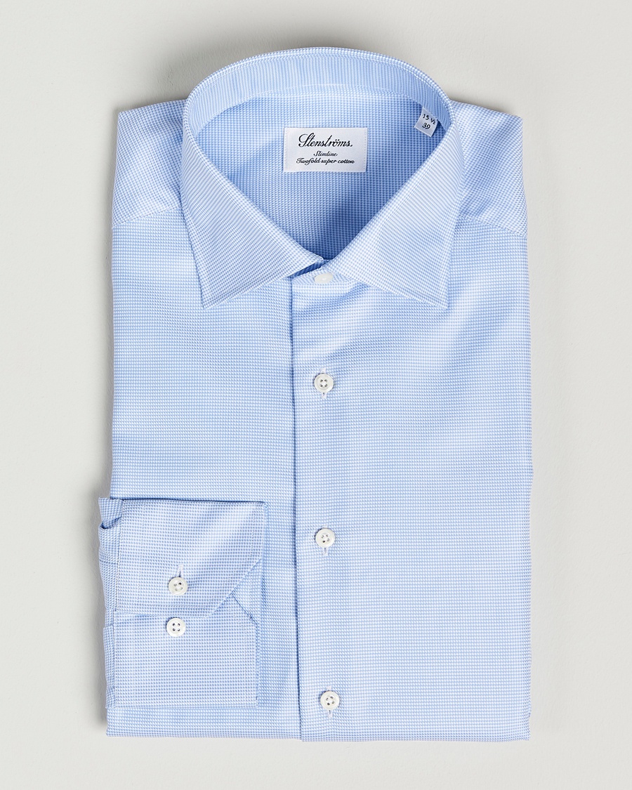 Stenströms Slimline Houndstooth Shirt Light Blue – Blu