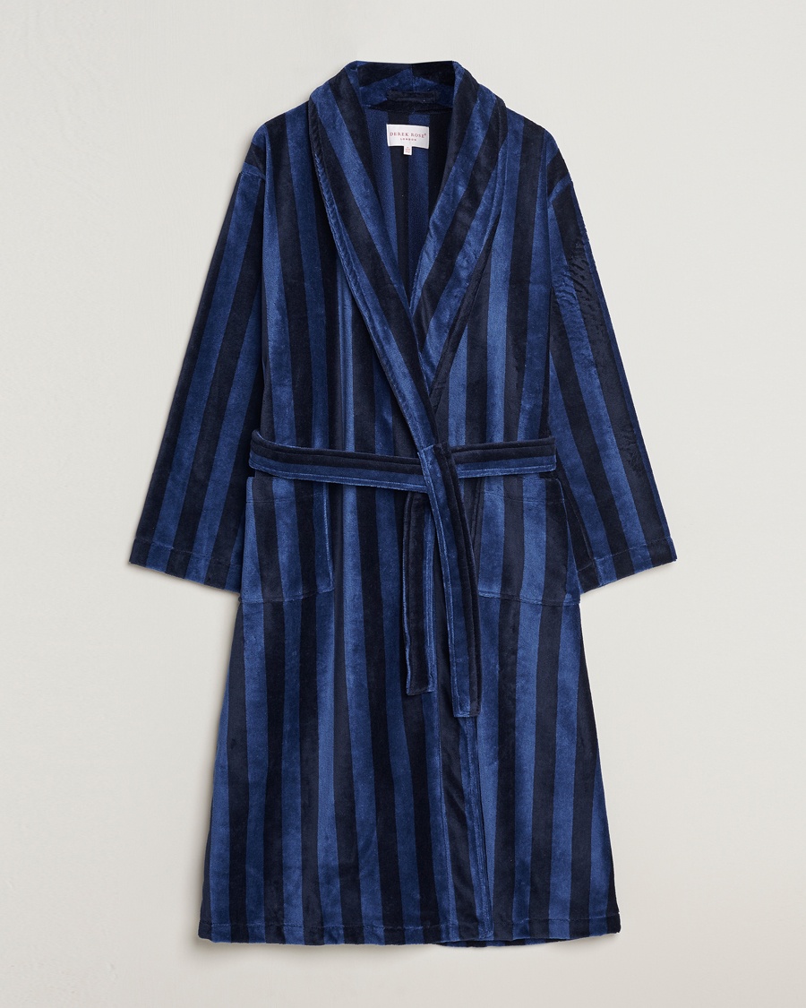 Derek Rose Striped Cotton Velour Gown Navy – Blu