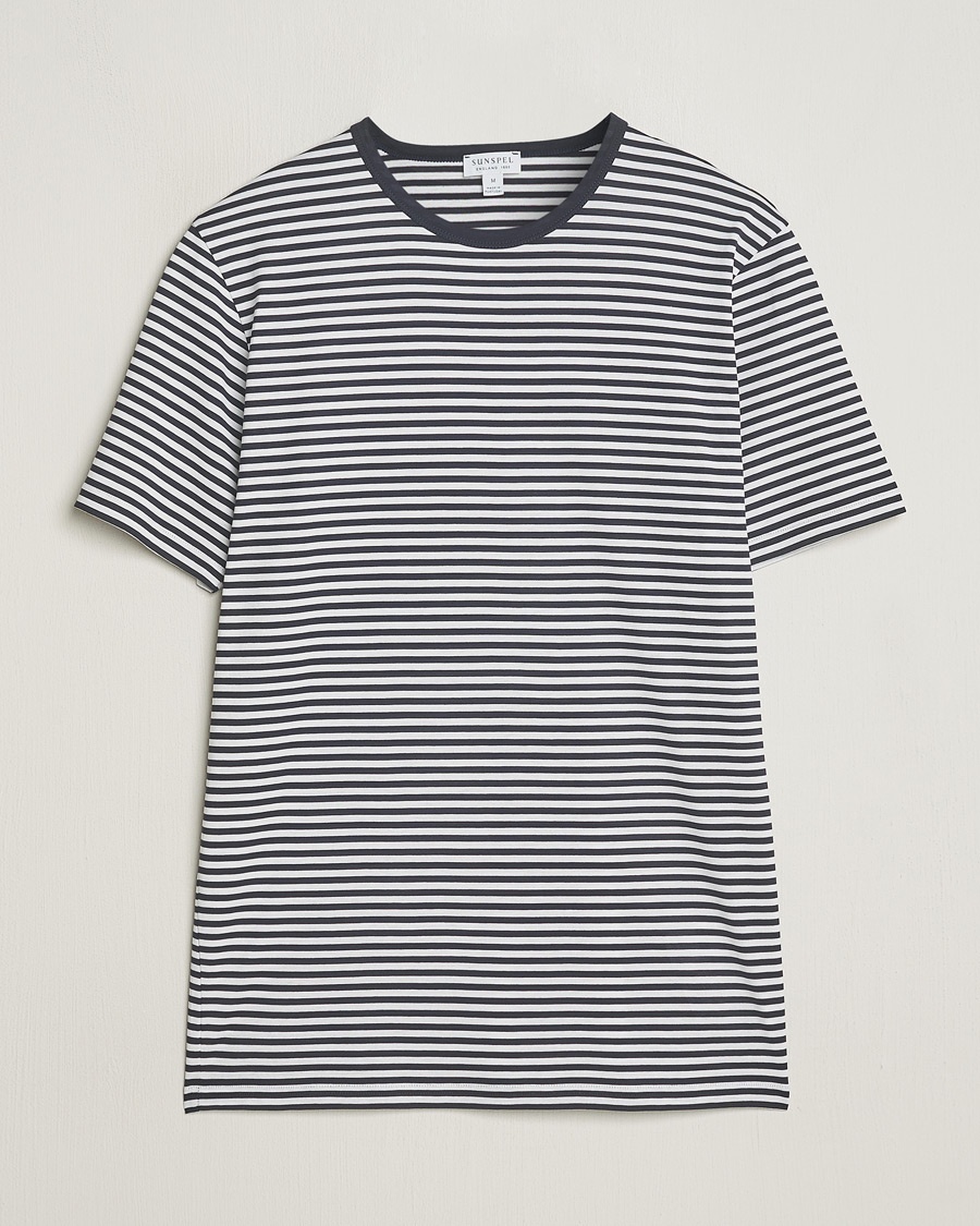Sunspel Striped Crew Neck Q82 Cotton T-Shirt White/Navy – Blu