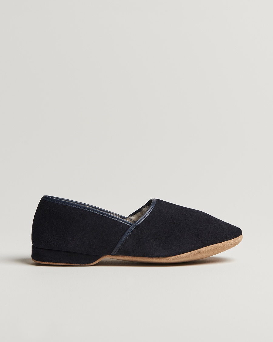 Derek Rose Crawford Sheepskin Suede Slippers Navy – Blu