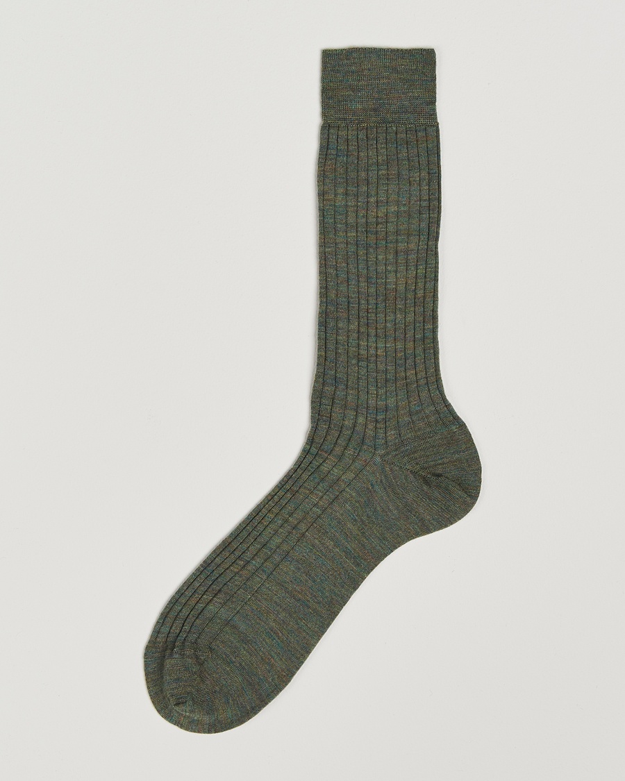 Bresciani Wool/Nylon Ribbed Short Socks Green Melange – Verde