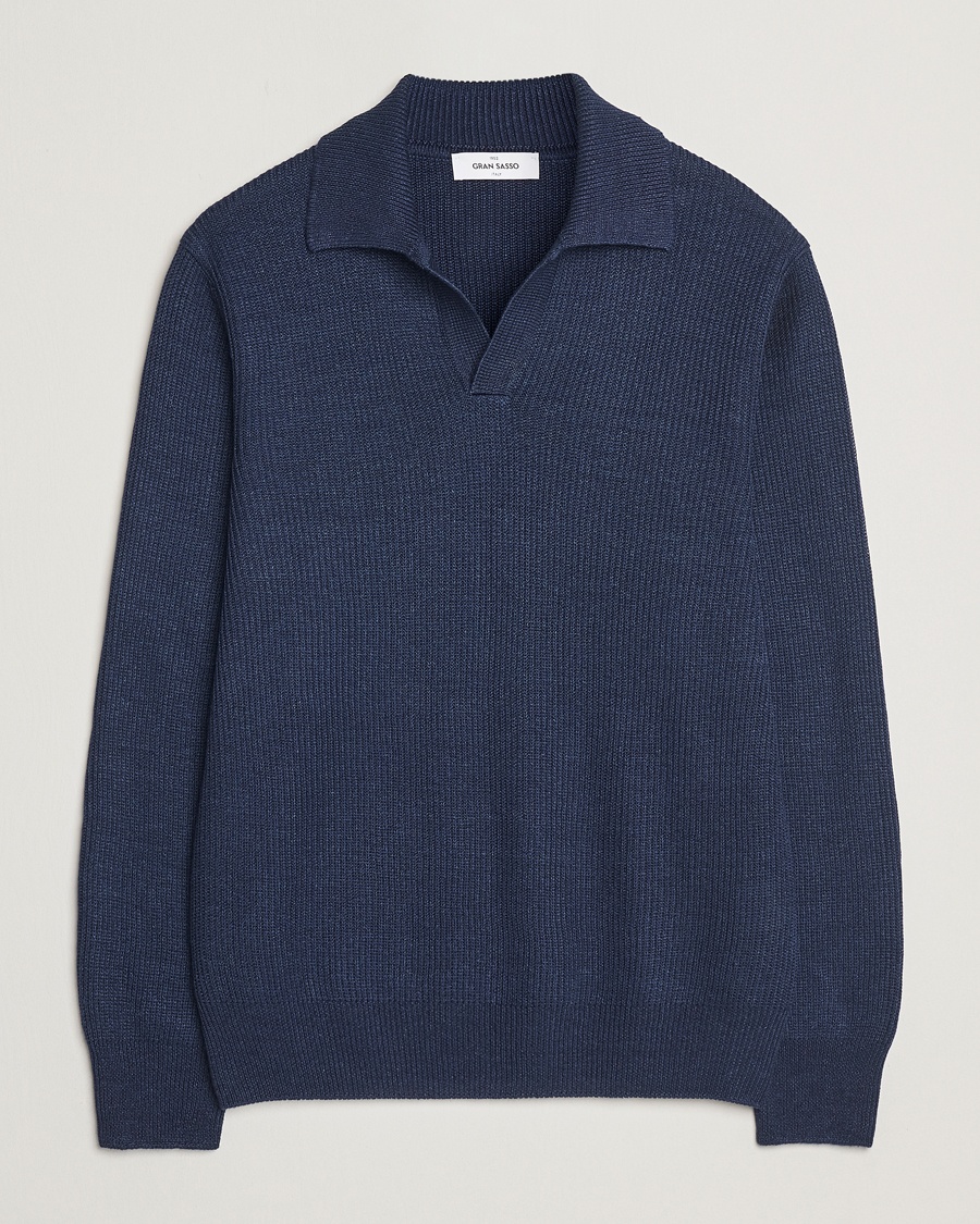 Gran Sasso Linen/Cotton Open Collar Knitted Polo Navy Melange – Blu