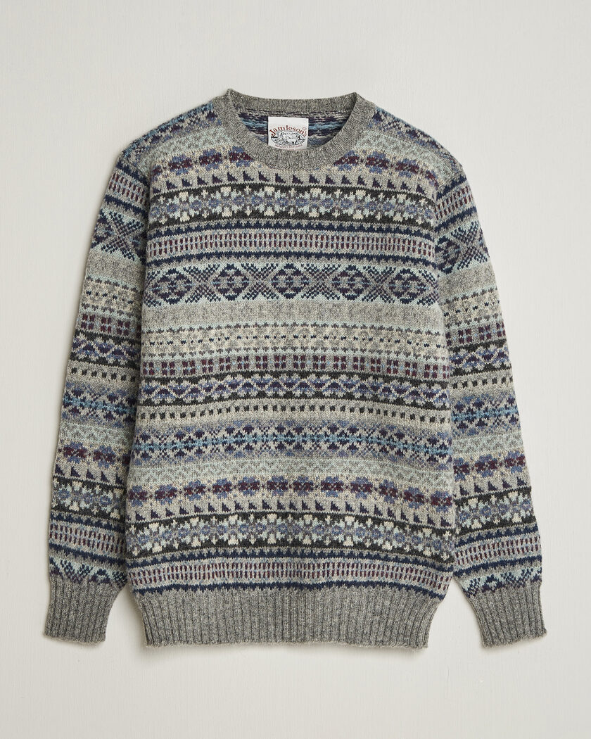 Jamieson's of Shetland Jamiesons Of Shetland All Over Fair Isle Pullover Crew Neck Light Grey – Grigio