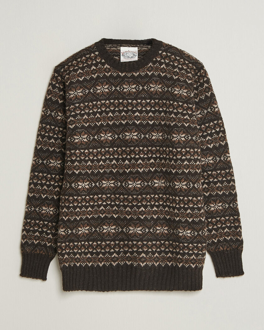 Jamieson's of Shetland Jamiesons Of Shetland All Over Fair Isle Pullover Crew Neck Dark Brown – Marrone