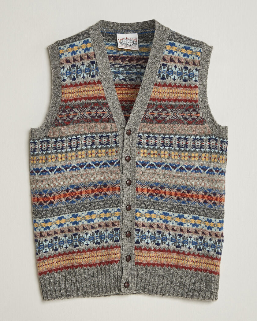 Jamieson's of Shetland Jamiesons Of Shetland All Over Fair Isle Waistcoat Grey – Grigio