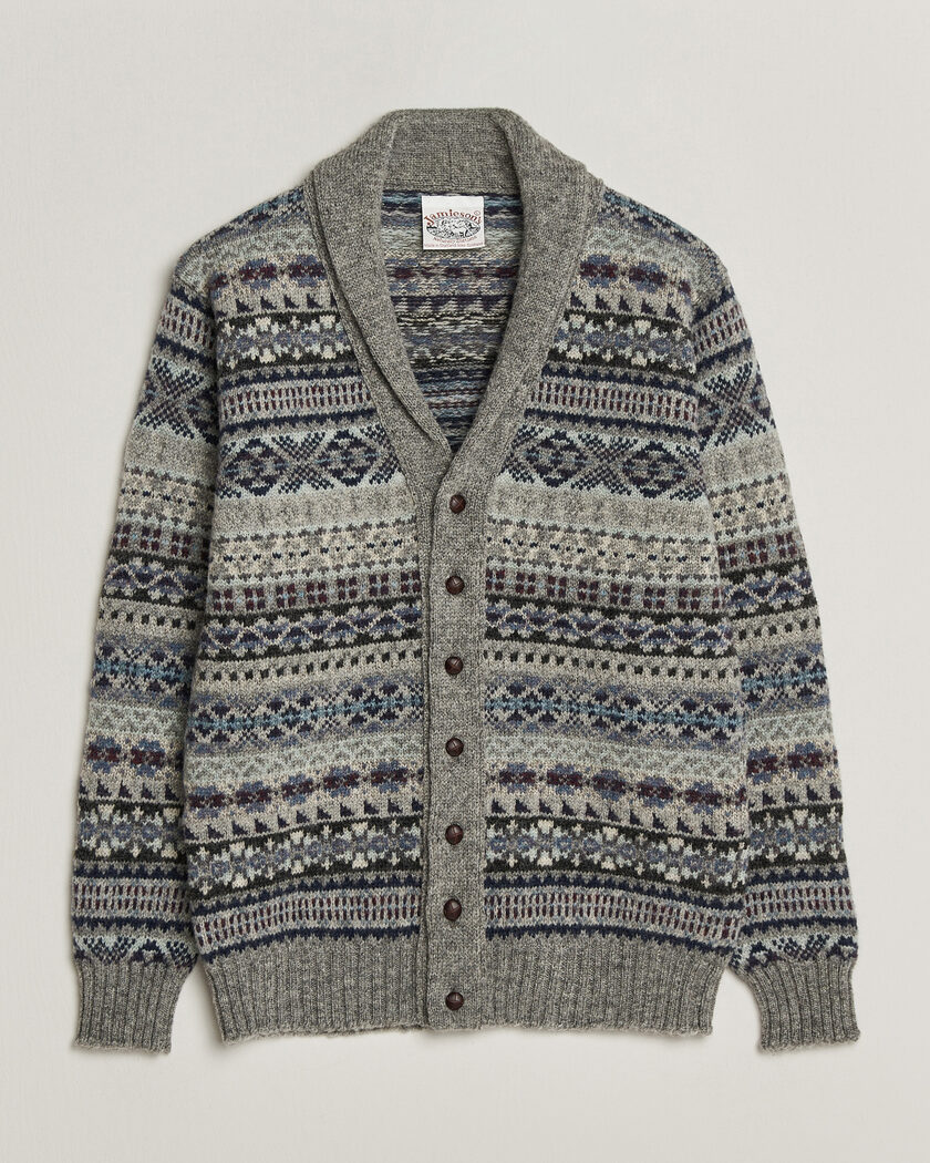 Jamieson's of Shetland Jamiesons Of Shetland All Over Fair Isle Shawl Collar Cardigan Grey – Grigio