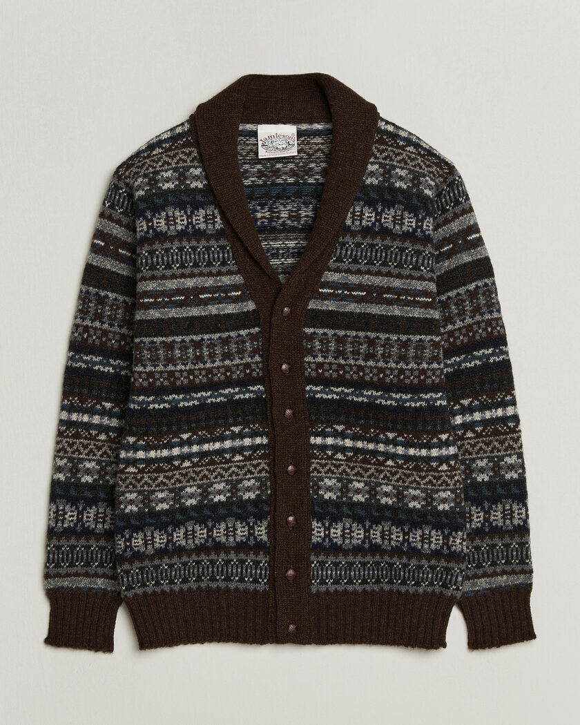 Jamieson's of Shetland Jamiesons Of Shetland All Over Fair Isle Shawl Collar Cardigan Brown – Marrone