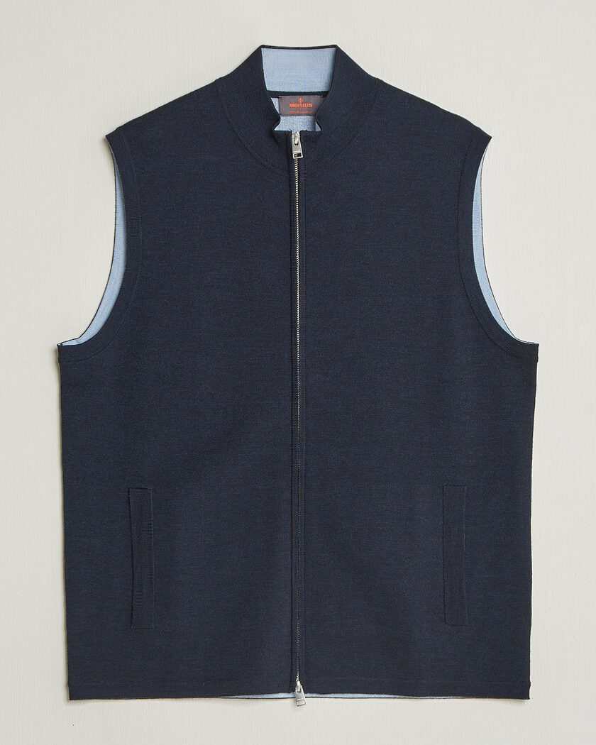 Morris Merino Double Zip Vest Navy – Blu