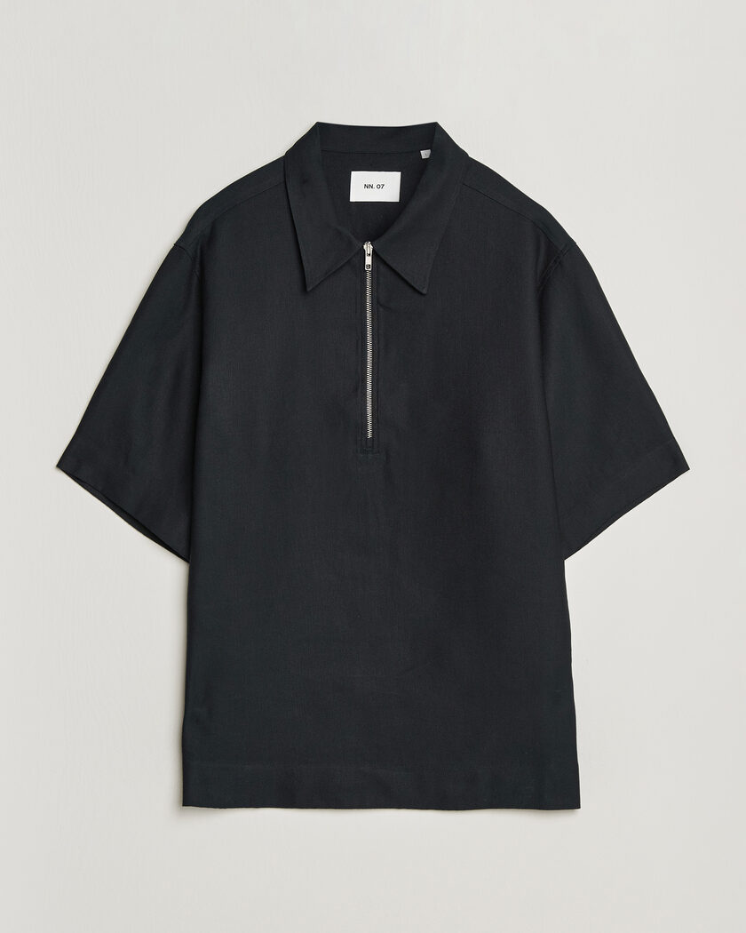 NN07 Bruno Linen/Viscose Half Zip Polo Black – Nero