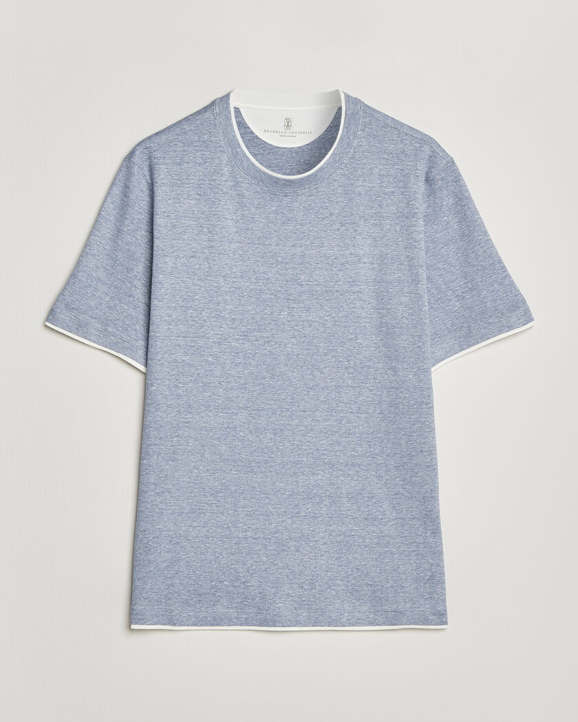 Brunello Cucinelli Double Collar Linen T-Shirt Light Blue – Blu