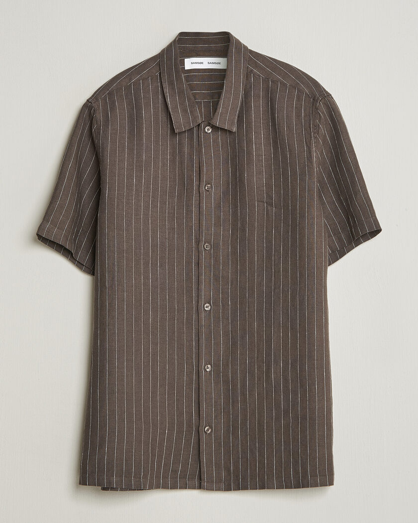 Samsøe Samsøe Avan Linen Striped Short Sleeve Shirt Black Olive – Verde