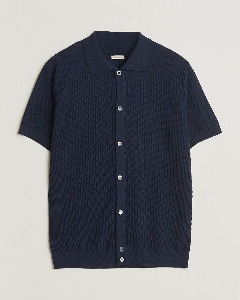 Stenströms Knitted Buttonthru Merino Polo Shirt Navy – Blu
