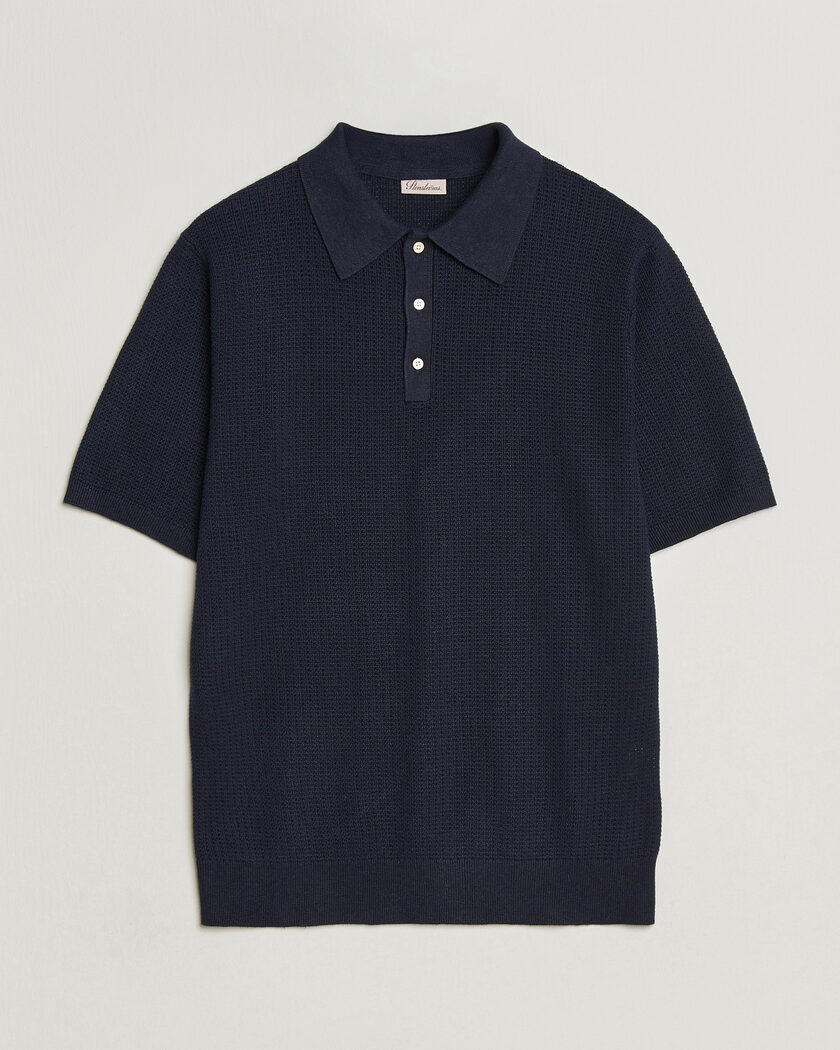 Stenströms Knitted Textured Cotton/Hemp Polo Navy – Blu