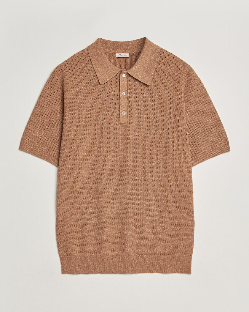 Stenströms Knitted Textured Cotton/Hemp Polo Light Brown – Marrone