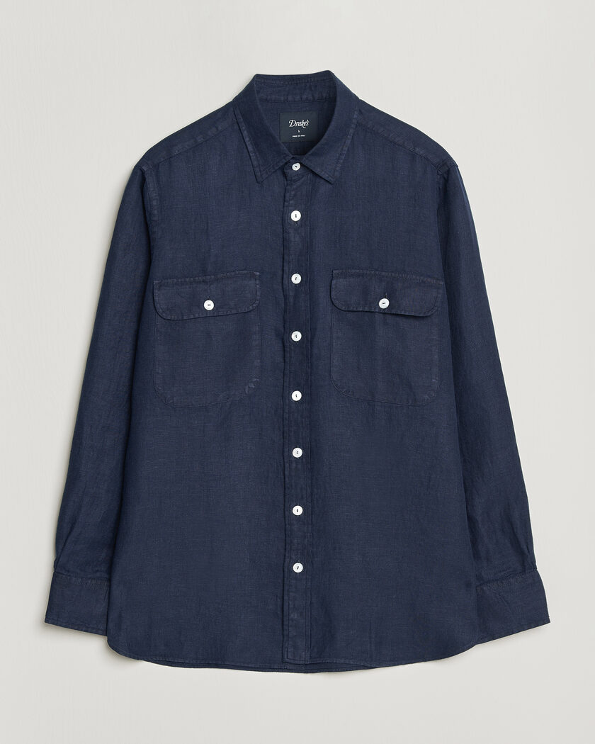 Drake's Linen Twill Deep Pocket Work Shirt Navy – Blu