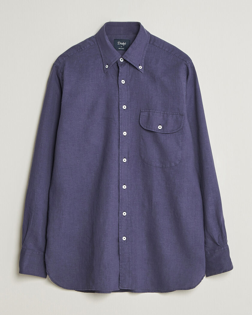 Drake's Linen Button Down Curved Pocket Shirt Navy – Blu