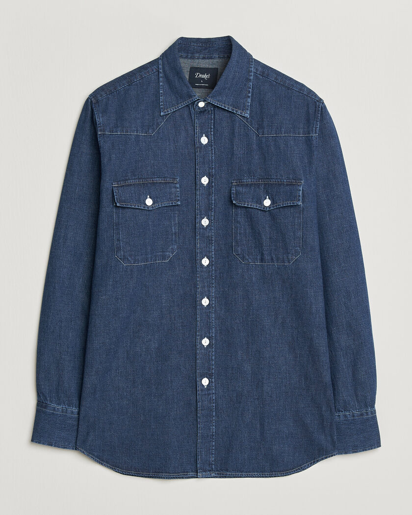 Drake's Light Denim Western Shirt Stone Wash – Blu