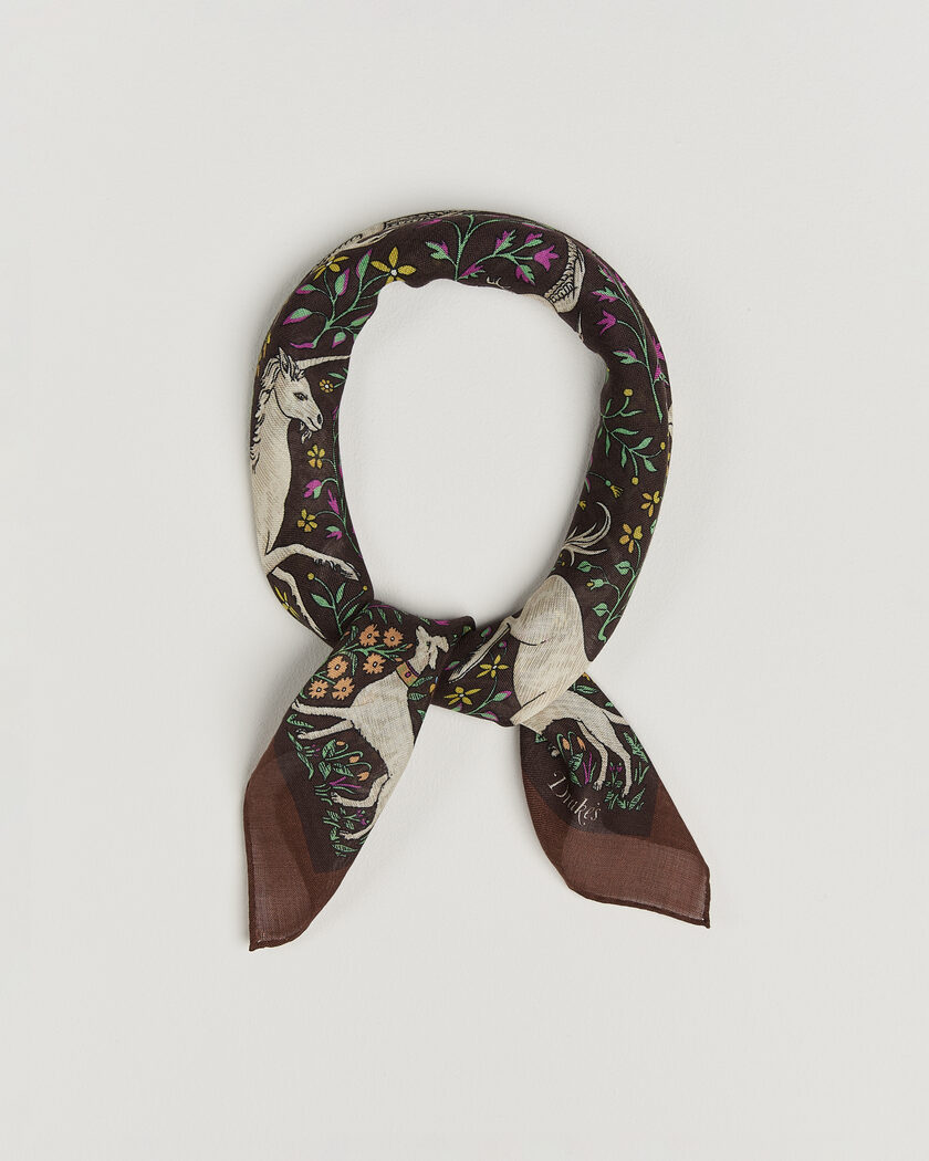 Drake's Unicorn Print Wool/Silk Bandana Brown – Marrone