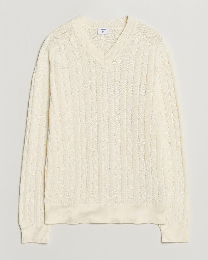 Filippa K Cotton Cable V-Neck Sweater Calico White – Bianco