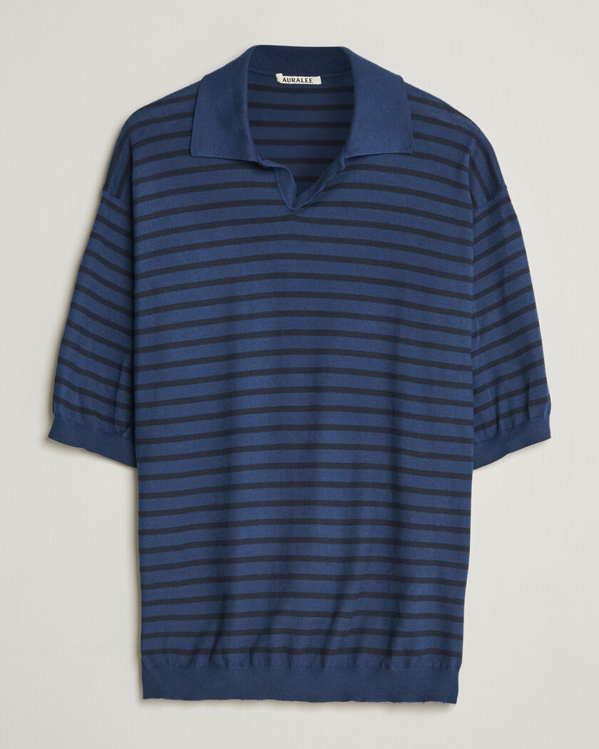 Auralee Cotton Knit Skipper Polo Navy Stripe – Blu