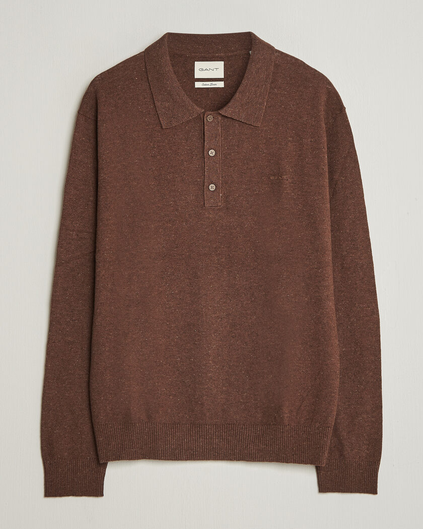 GANT Cotton/Linen Slub Knitted Polo Hazelnut Melange – Marrone