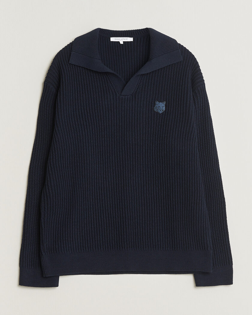 Maison Kitsuné Tonal Fox Head Rib Knitted Polo Navy – Blu