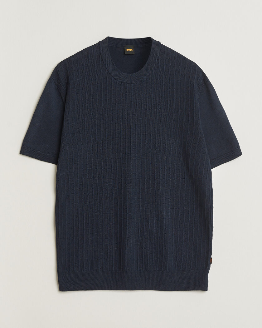 BOSS ORANGE Kajordino Linen/Cotton Knitted T-Shirt Dark Blue – Blu