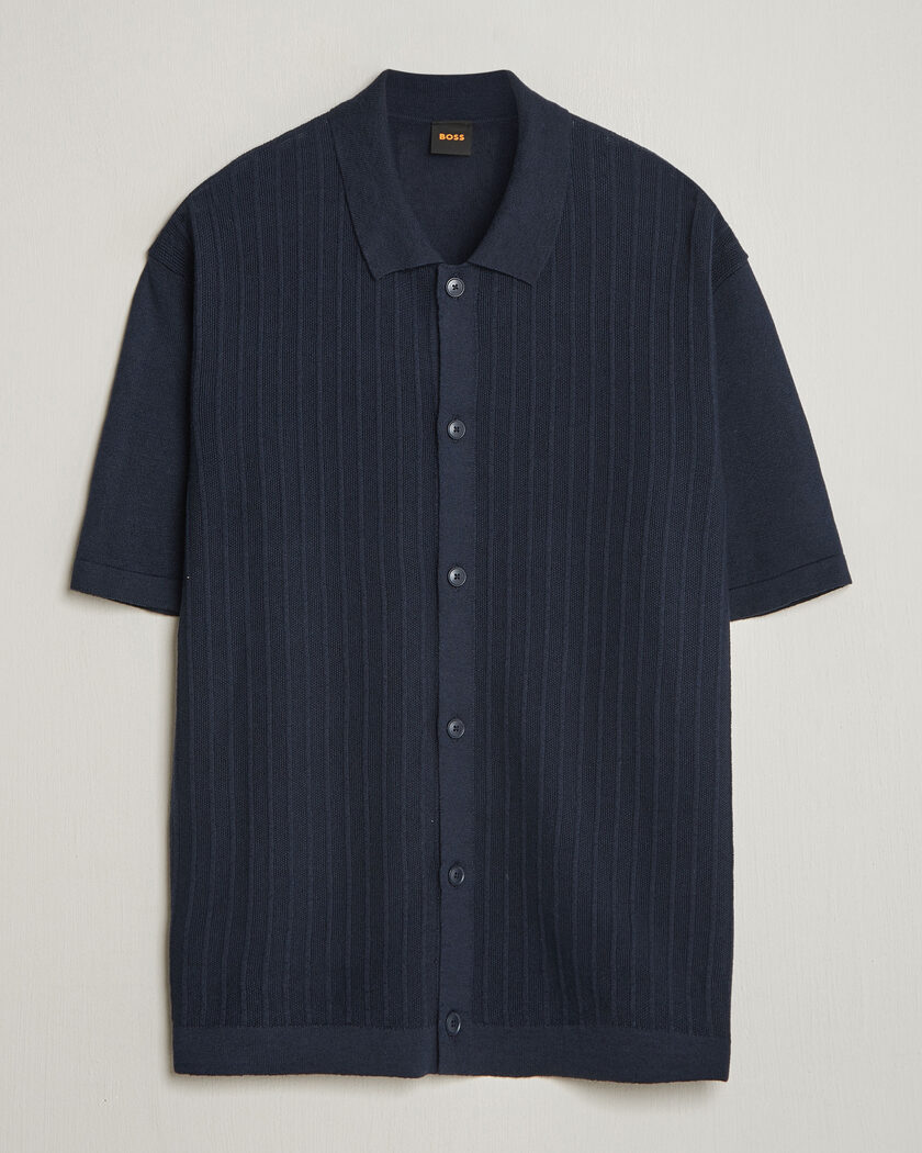 BOSS ORANGE Amicino Linen/Cotton Knitted Shirt Dark Blue – Blu