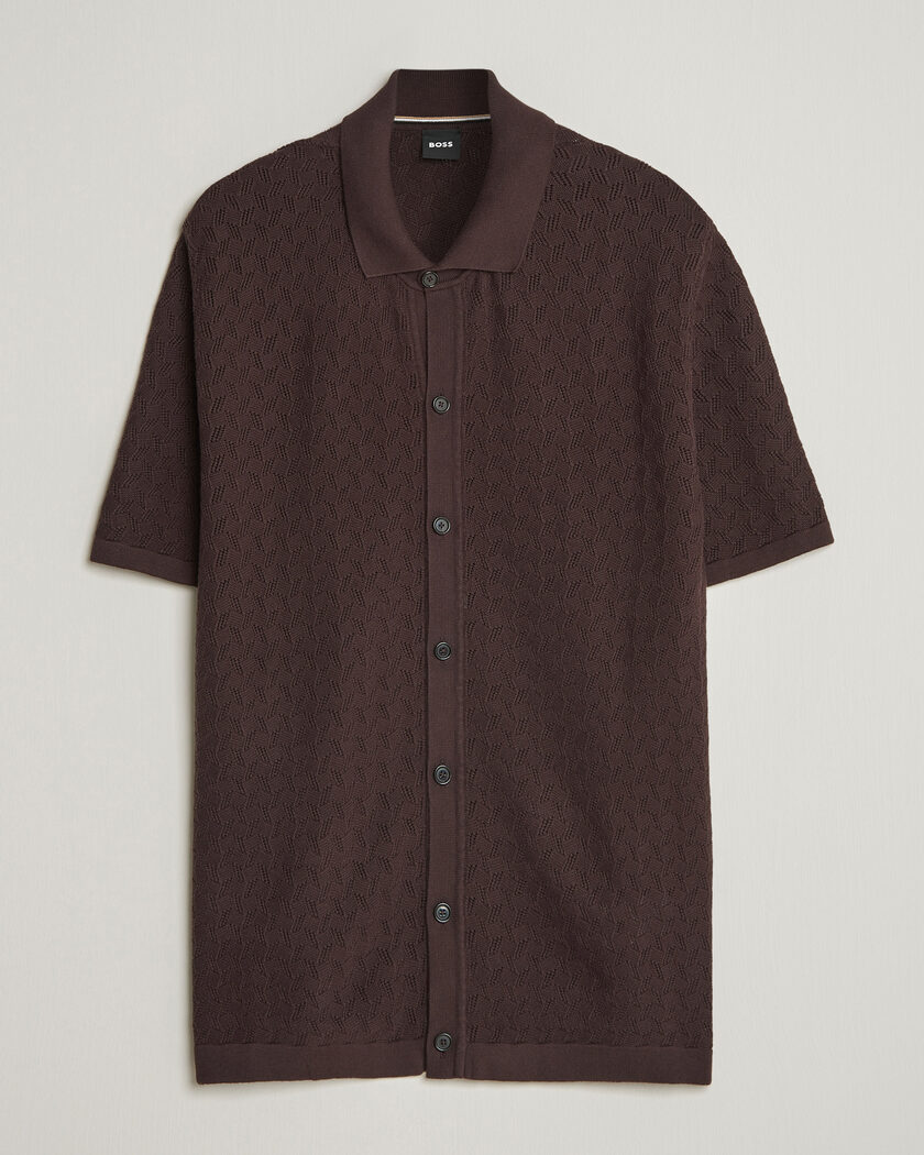 BOSS BLACK Nappo Knitted Short Sleeve Shirt Dark Brown – Marrone