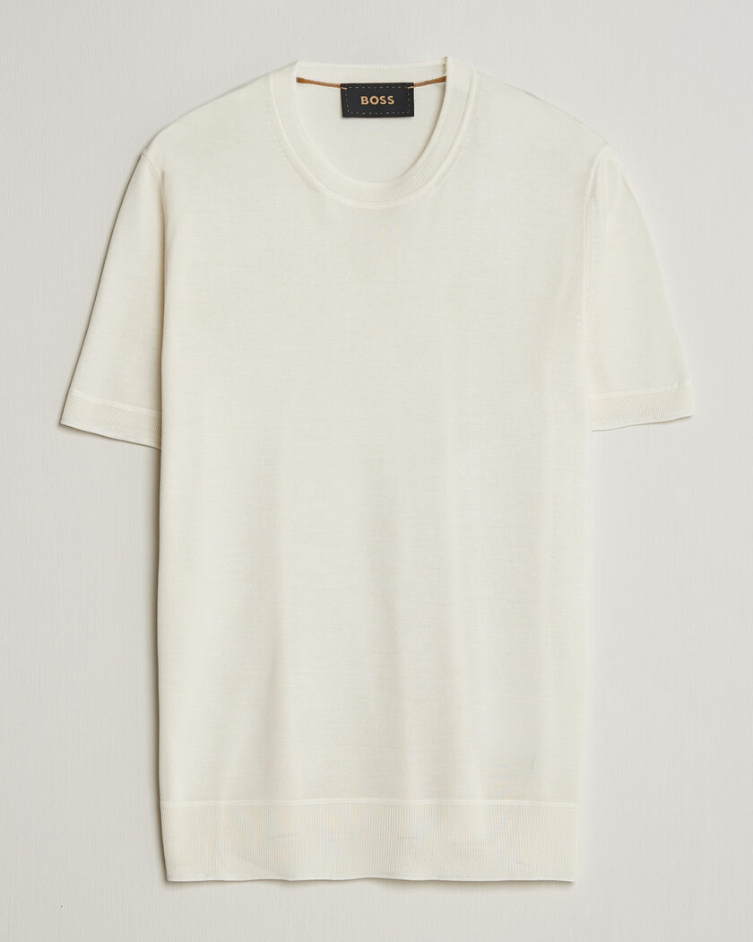 BOSS CAMEL Nottano Silk Knitted T-Shirt Open White – Bianco