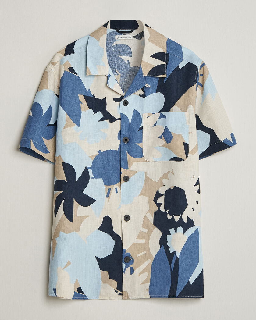KnowledgeCotton Apparel Relaxed Printed Linen Short Sleeve Shirt Blue – Blu
