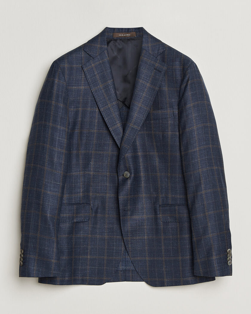 Oscar Jacobson Ferry Patch Loro Piana Summertime Checked Blazer Navy – Blu