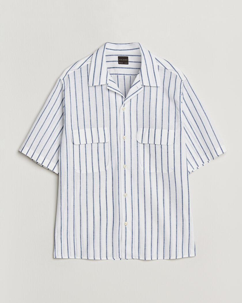 Oscar Jacobson Striped Short Sleeve Linen Shirt Navy/White – Bianco