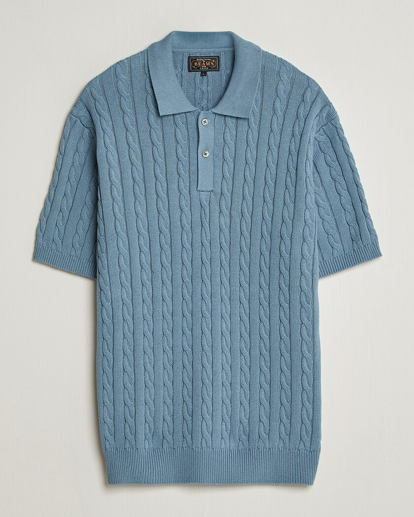 BEAMS PLUS Short Sleeve Cable Polo Blue – Blu