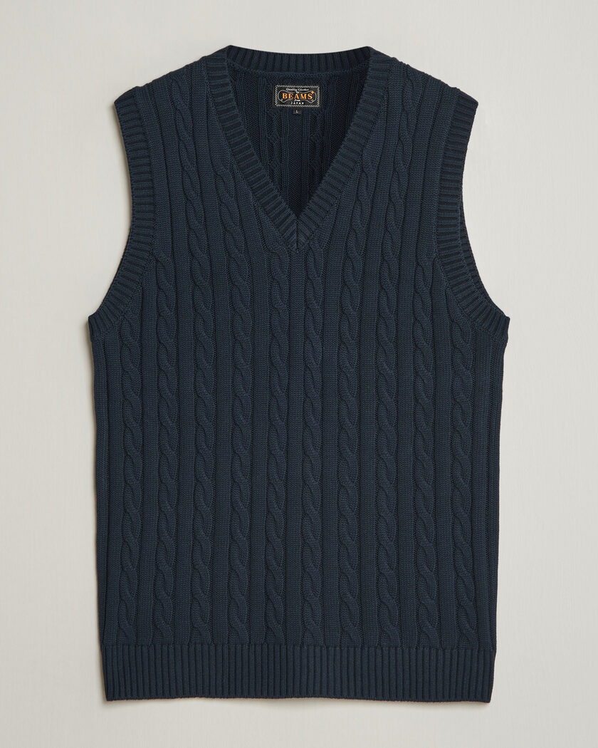 BEAMS PLUS Cable Knit Vest Navy – Blu