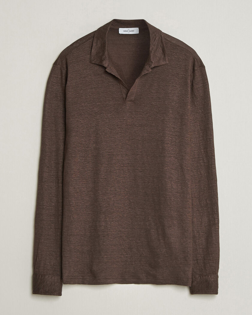 Gran Sasso Washed Linen Long Sleeve Polo Brown Melange – Marrone