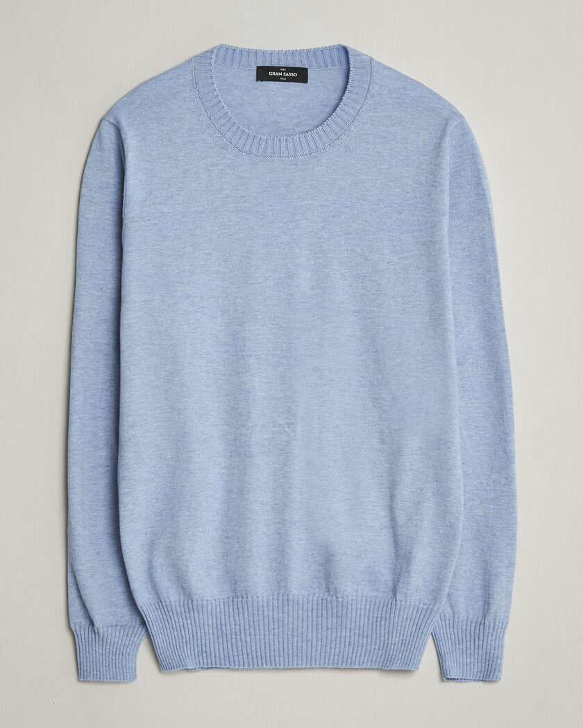 Gran Sasso Cotton/Cashmere Knitted Crew Neck Sweater Blue Melange – Blu