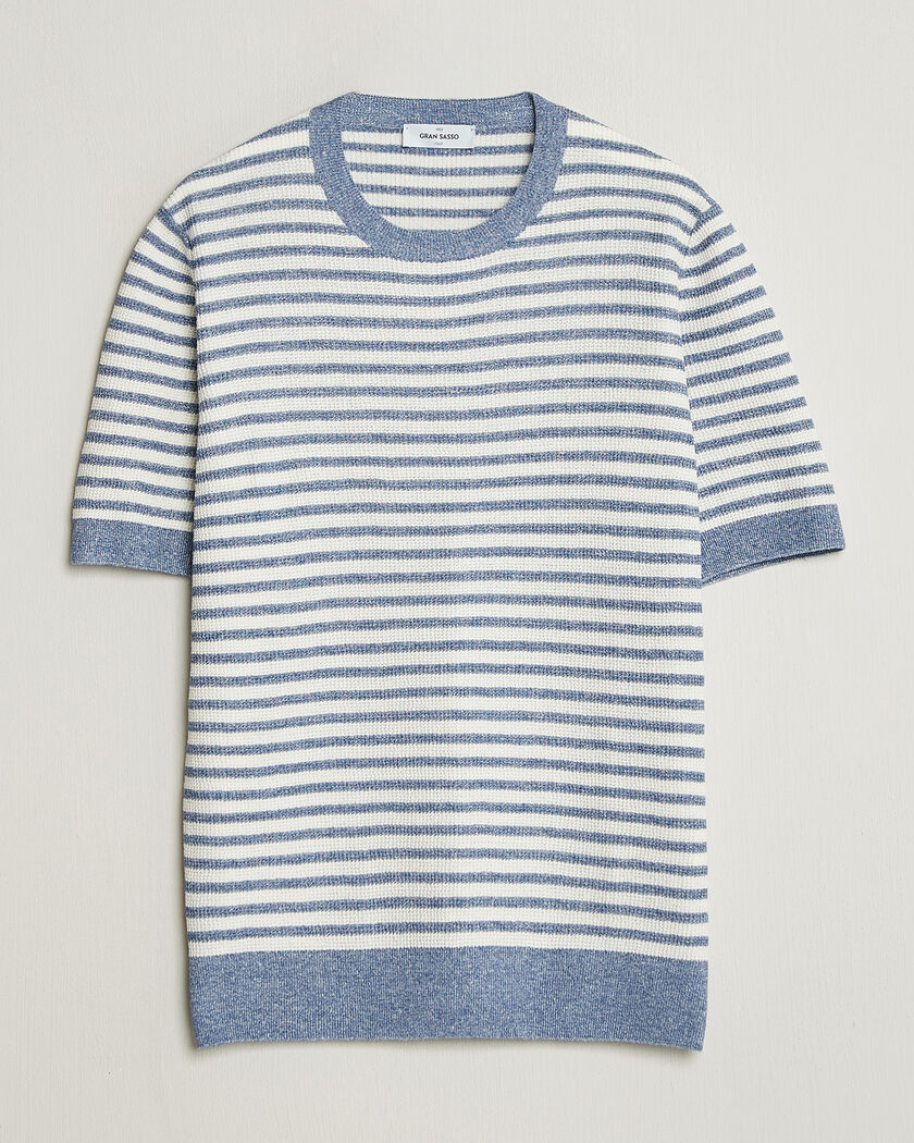 Gran Sasso Linen/Cotton Knitted Striped T-Shirt Blue/White – Blu