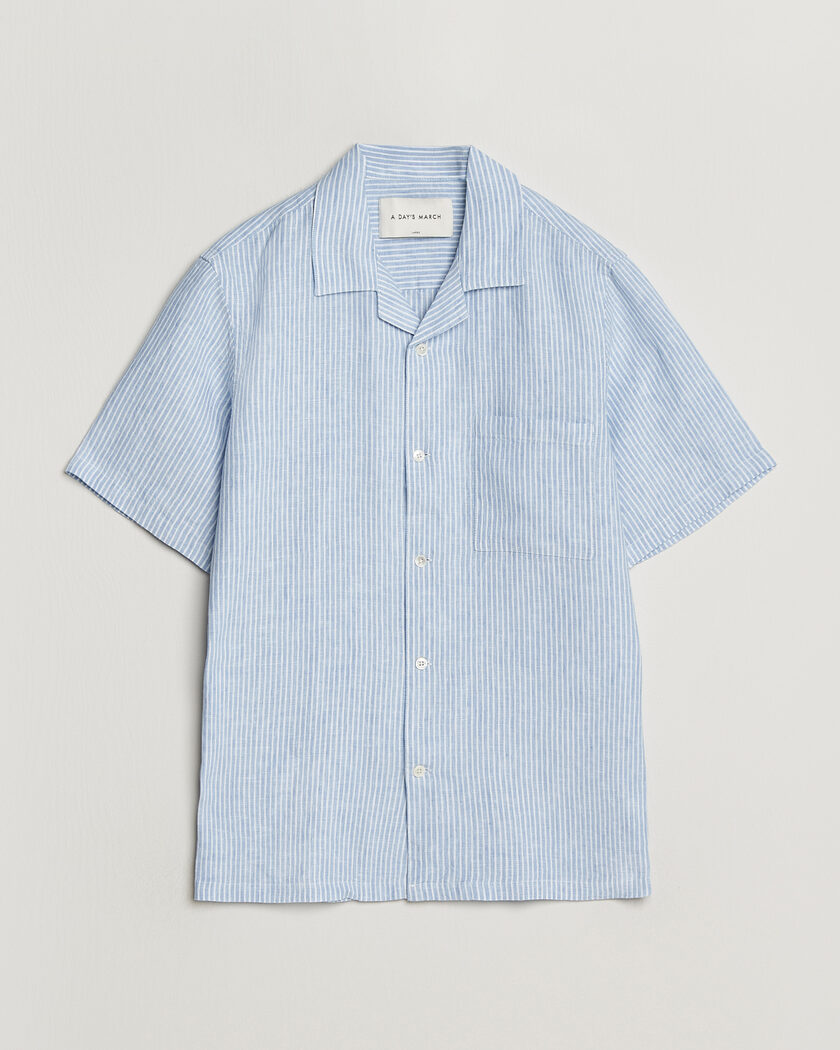 A Day's March Yamu Striped Linen Short Sleeve Shirt Light Blue – Blu