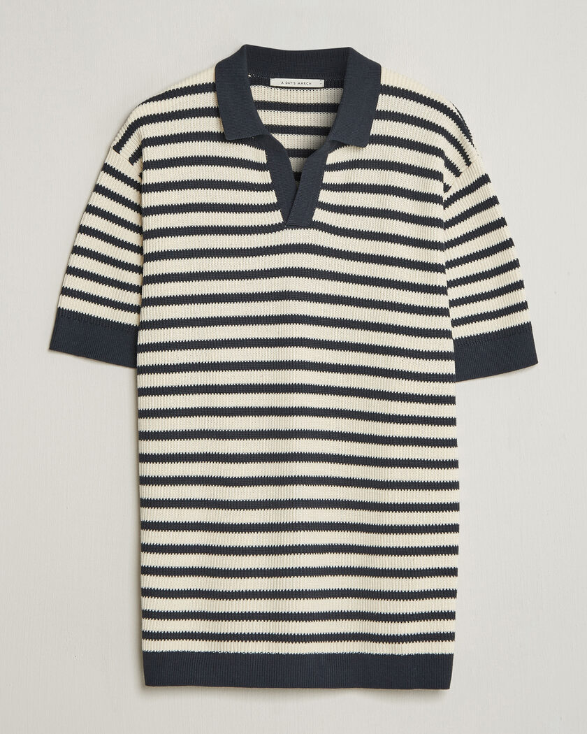 A Day's March Jeremy Striped Knitted Polo Off White/Navy – Blu