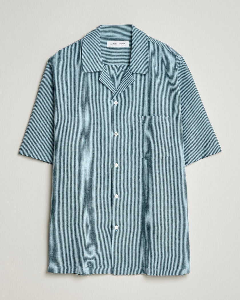 Samsøe Samsøe Oscar Linen/Cotton Striped Short Sleeve Shirt Tourmaline – Blu
