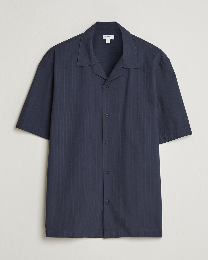 Sunspel Short Sleeve Textured Stripe Shirt Navy – Blu