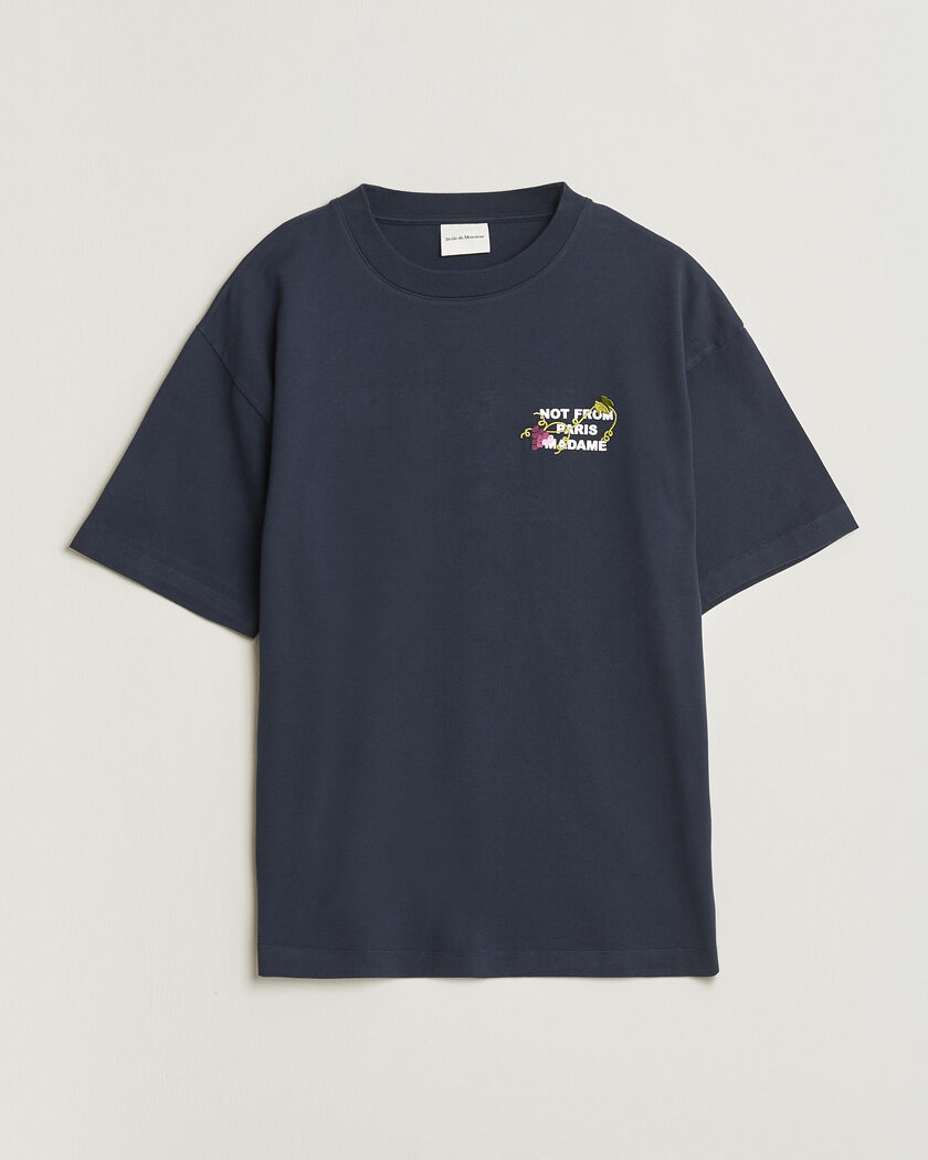 Drôle de Monsieur Vine Embroidered Slogan T-Shirt Navy – Blu