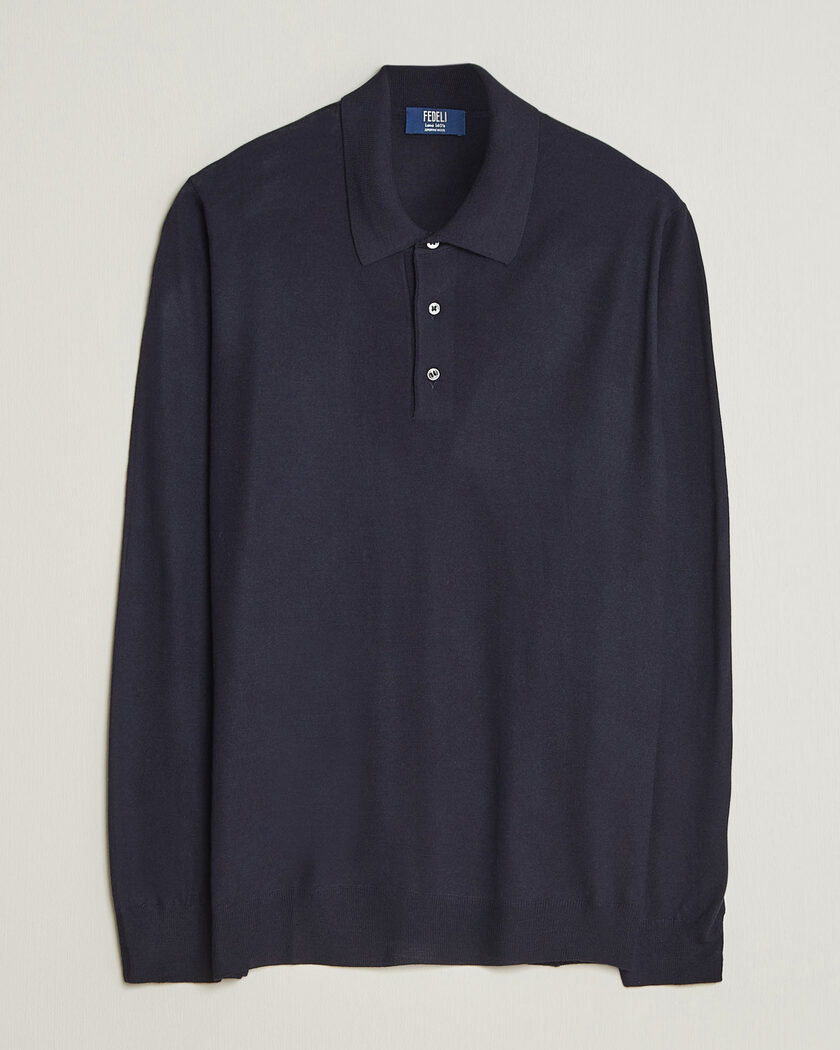 Fedeli 140s Fine Wool Long Sleeve Polo Navy – Blu