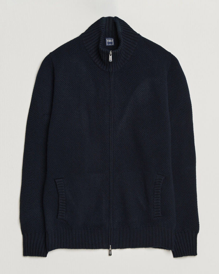 Fedeli Wool/Cashmere Honeycomb Full Zip Navy – Blu