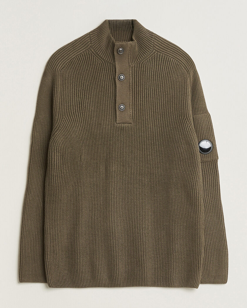 C.P. Company Full Rib Knitted Cotton Half Button Dark Green – Verde